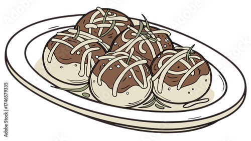 Delicious Food Illustration Round Brown Meatballs with Sauce and Garnish on a Plate.