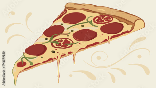 Delicious Melted Cheese Pizza Slice Pepperoni Tomato Food Illustration Italian Cuisine Restaurant Menu Design.