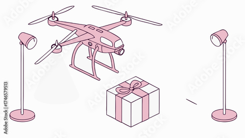 Drone delivering gift aerial view isometric illustration technology pink present package delivery service quadcopter unmanned aerial vehicle gift box ribbon bow lights studio spotl.