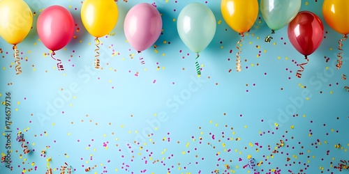 Colorful Birthday Balloons and Confetti on Blue Party Background with Copy Space