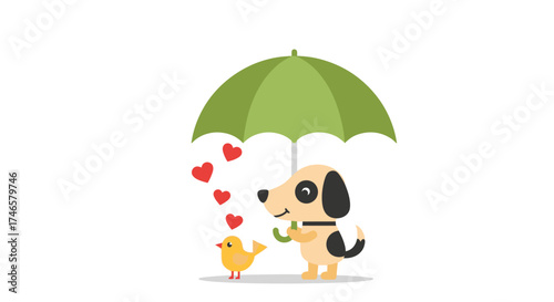 Cartoon dog sharing umbrella with bird under hearts illustrating friendship and love