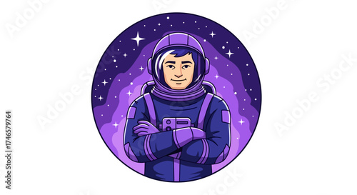 Illustration of a confident astronaut in a space suit set against a starry background