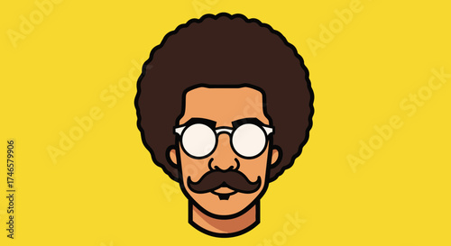 Cartoon illustration of a man with afro hair, glasses, and mustache on yellow background