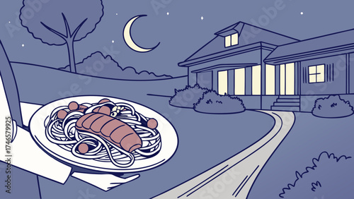 Evening Meal at Home Pasta Dish and House Illustration Night Scene.