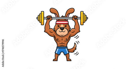 Cartoon dog lifting weights with muscular body and headband for fitness promotion