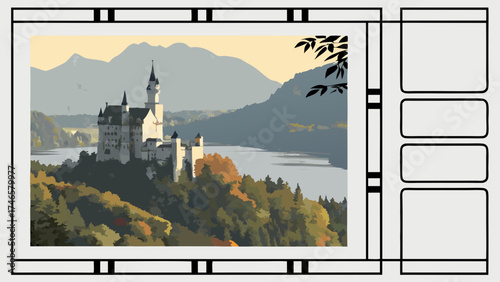 Fairytale Castle by the Lake Autumn Landscape Artistic Illustration.