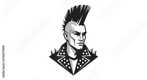 Monochrome vector illustration of a defiant punk rocker with a bold mohawk hairstyle and studded