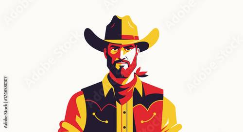 Stylized pop art illustration of a rugged cowboy portrait with beard and hat