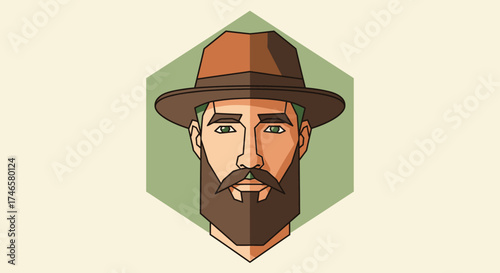 Stylish bearded man portrait with a hat in geometric vector art style illustration