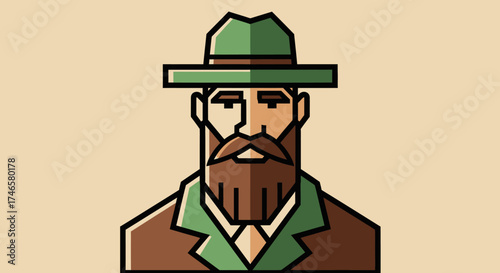 Stylish bearded man with a hat illustration and clean geometrical graphic representation