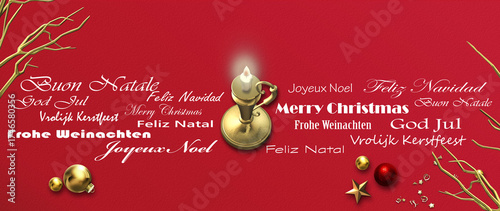 Magic Charismas background. Lighted candle, gold branches on red background. Merry Christmas international business card with Xmas wishes in European languages English, French German Portuguese