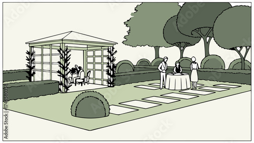 Garden party illustration elegant outdoor event summer gathering people socializing gazebo landscaping design green plants stone pathway formal garden lush greenery stylish illustration.