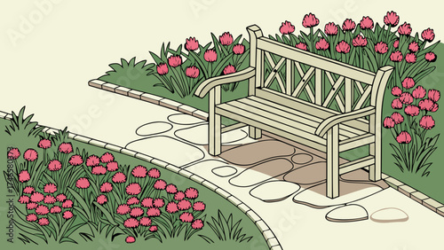 Garden bench in a floral setting spring flowers stone path illustration peaceful scene nature design.