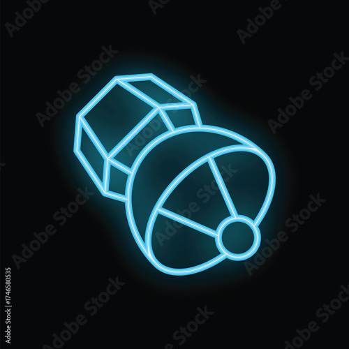 Glowing neon satellite dish receiving and transmitting data in space