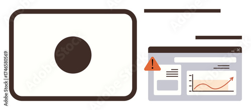 Circular element, web dashboard with warning icon, growth chart. Ideal for analytics, monitoring, insights, progress, data alert problem emphasis and error analysis. Clean flat metaphor
