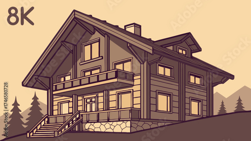 Illustration of a chalet style house mountain home wooden architecture home design residential building real estate luxury home vacation home family home cozy home comfortable home hom.