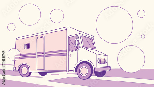 Illustration of a delivery van driving on a road with pastel colors and abstract circles in the background.