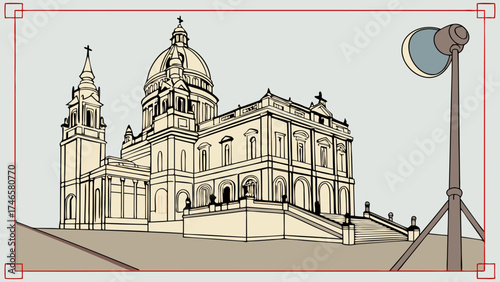 Illustration of a grand building with a dome and bell tower.