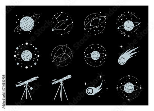 Astronomy Vector Set: Telescope, Planets & Comet on Black