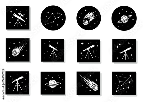 Astronomy Vector Set: Telescope, Planets & Comet on Black