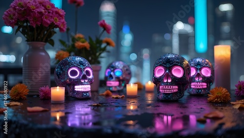 Neon Sugar Skulls and Candles in City | Vibrant Day of the Dead Celebration Art