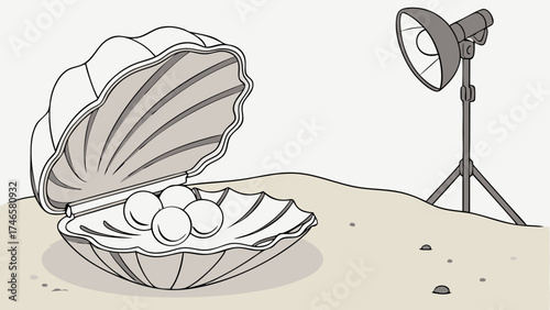 Illustration of pearls in a shell under studio lighting.