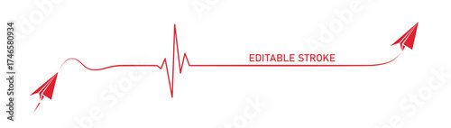 Abstract paper plane origami airplane, editable stroke ekg shape route, healthy heart vector. Creative medical science concept design to use for cardiology, healthcare business, love concept projects.