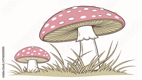 Illustration of two pink mushrooms with white spots growing in the grass.