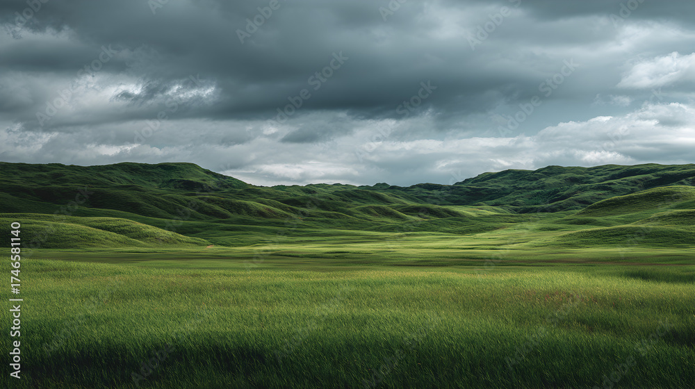Obraz premium Atmospheric Meadow Landscape with Gentle Hills and Dramatic Skies offers a sense of serenity and natural wonder featuring rolling green terrain under cloudy weather, a nature scene