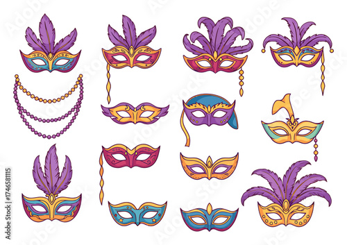Carnival Mask Feather Plume Set - Vector Illustrations
