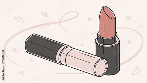 Isometric Illustration of Lipstick Makeup Cosmetic Product Beauty Fashion Pink Tube Black Cap Elegant Design Make up Item Womens Cosmetic Stylish Trendy Graphic Design Vector Art Bea.