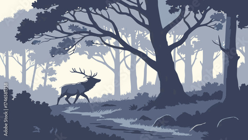 Majestic Deer in Serene Forest Nature Illustration Wildlife Art Woodland Scene Blue Tones.