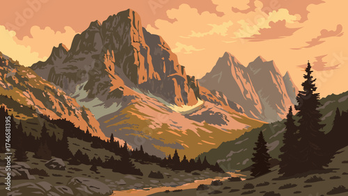 Majestic Mountain Range at Sunset Scenic Valley Landscape Nature Illustration.