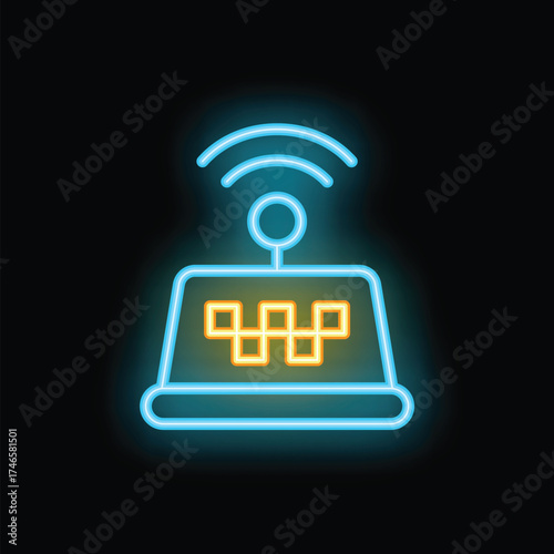 Neon taxi sign with wifi symbol on top sending signal on a black background