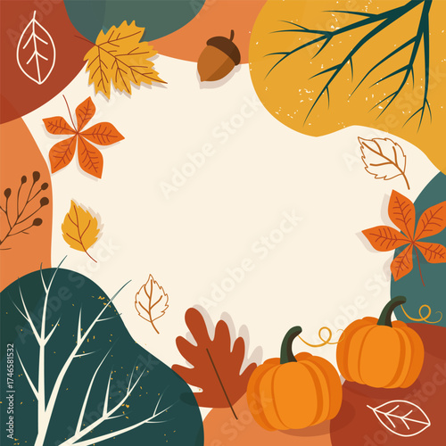  Square autumn poster with colorful leaves, pumpkins, acorns, branches and trees. Flat hand-drawn vector, warm fall palette. Perfect for invitations, cards, web banners, posters, seasonal sales.