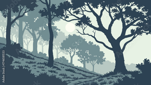 Misty Forest Landscape Silhouetted Trees Grass and Path in a Dreamlike Setting.