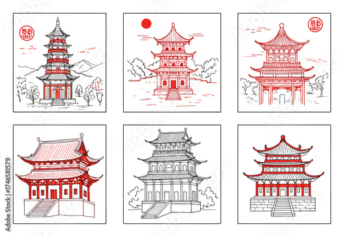 Great Wall of China & Pagoda Temple Vector Designs