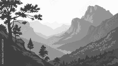 Mountain Range Landscape Gray Scale Nature Illustration Scenic View Monochrome Artwork Trees Peaks Valley Wilderness Coniferous Forest Forest Hills Rocks Cliffs Nature Background O.