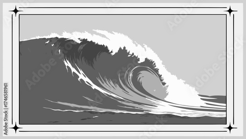 Ocean Wave Abstract Grayscale Art Monochrome Water Design Framed Sea Image Coastal Illustration Stylized Surf Graphic Powerful Wave Crashing Water Texture Grey Scale Wave Dramatic Seascap.