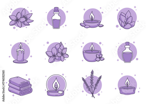 Spa Relaxation Icons: Candle, Towel, Oil Bottle - Wellness Vector