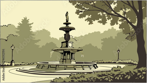 Ornate Fountain in a Tranquil Park Setting Serene Landscape Illustration for Design Projects.