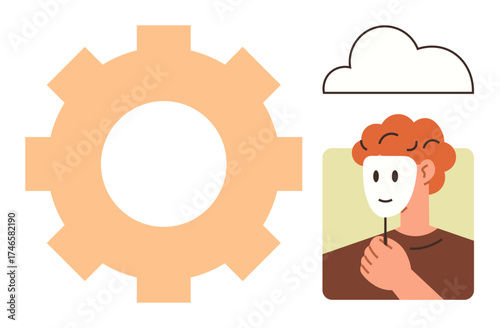 Individual holding theatrical mask next to gear and cloud graphic. Ideal for identity, technology, self-expression, data, psychology, decision-making, innovation themes. Simple flat metaphor