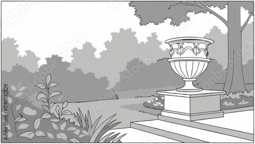 Ornate Urn in a Serene Garden Setting Black and White Illustration for Landscaping Design and Home Decor Projects.