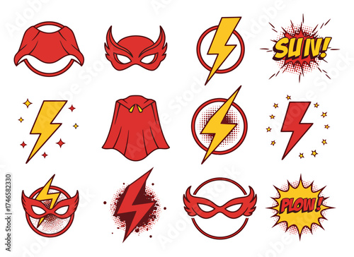 Superhero comic book style icon set. Collection of vector symbols including hero masks, capes, and lightning bolt power emblems. Pop art design elements.