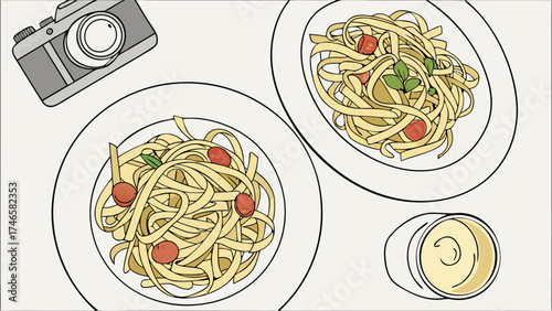Pasta dish with camera illustration food photography concept overhead view flatlay menu design restaurant culinary delicious Italian food noodles tomato sauce basil cooking recipe f.