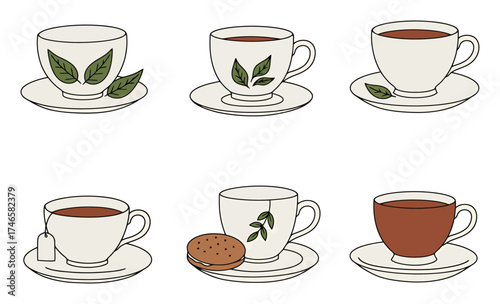 Tea Time Vector Set: Cup, Saucer, Leaves & Biscuit Crumbs