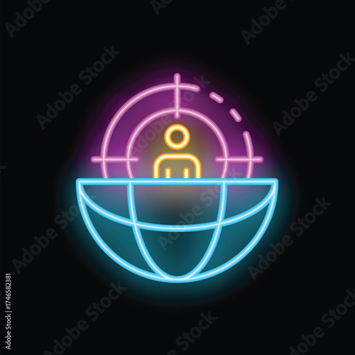 Neon sign representing the concept of global headhunting with a target aiming at a person inside planet earth