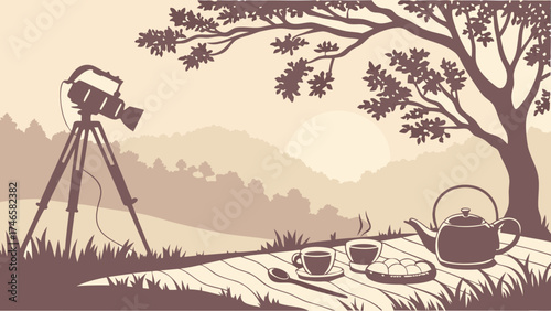 Peaceful Outdoor Scene with Camera Equipment and Picnic Setup.