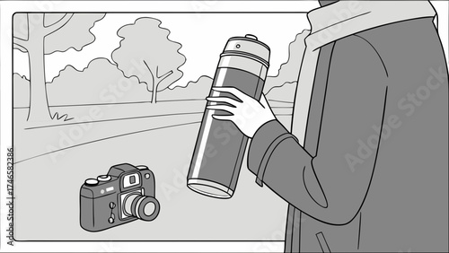 Person holding a thermos and a camera in a park illustration.