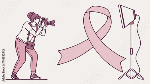 Photographer with camera and pink ribbon awareness symbol illustration studio light setup vector graphic design.